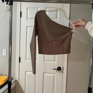 Abercrombie Women’s Asymmetrical One-Shoulder Long-Sleeve Top Brown Taupe sizeS